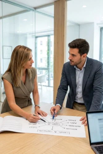Consultor y propietaria diseñando una estrategia de captación de pacientes desde diferentes canales