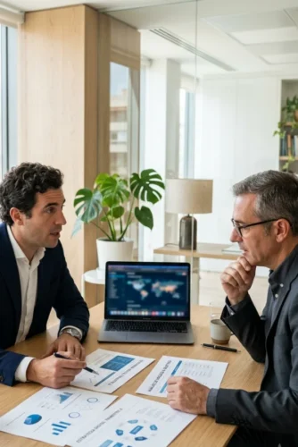 Consultor y propietario analizando cómo mejorar la visibilidad de una clínica u óptica en Google