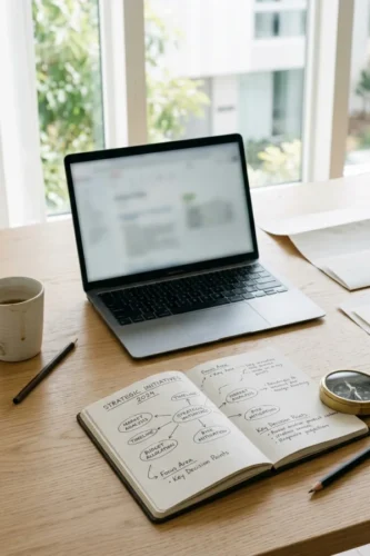 Espacio de trabajo preparado para analizar nuevas oportunidades de visibilidad digital