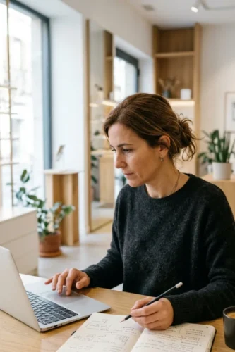 Propietaria de una óptica analizando la evolución de su visibilidad online