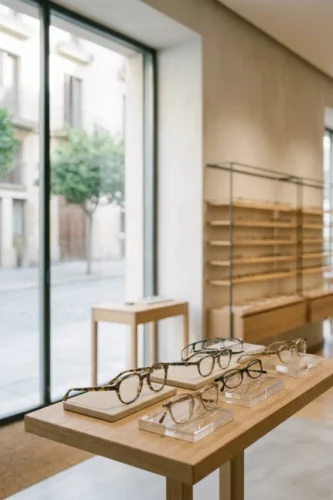 Monturas perfectamente organizadas en una óptica de diseño minimalista