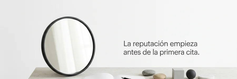 Banner editorial minimalista sobre reputación digital y confianza para clínicas y ópticas