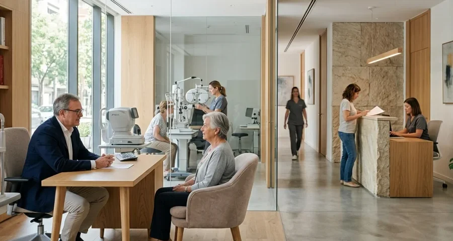 Clínica oftalmológica moderna con profesionales atendiendo pacientes en un entorno de confianza