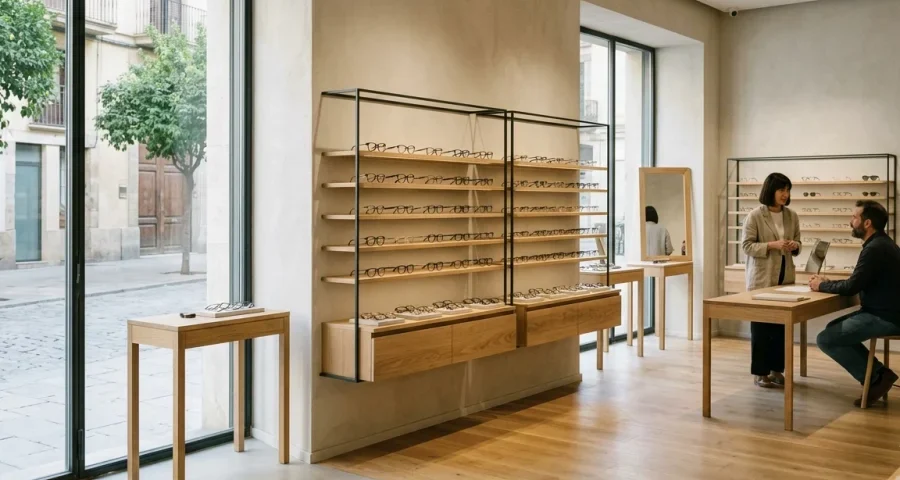 Interior de una óptica moderna con un diseño profesional y minimalista