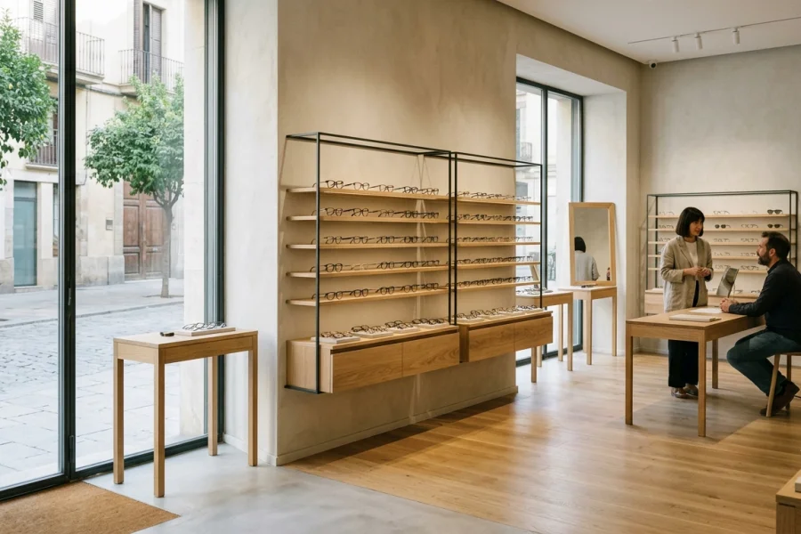 Interior de una óptica moderna con un diseño profesional y minimalista