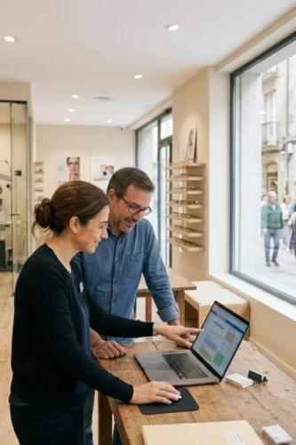 Optometrista revisando la página web de una óptica como parte de una estrategia de SEO