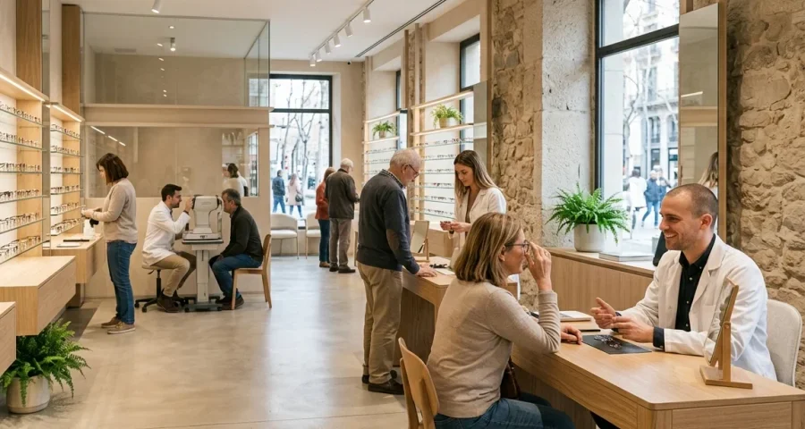Profesionales de una óptica atendiendo a clientes en un espacio organizado y profesional