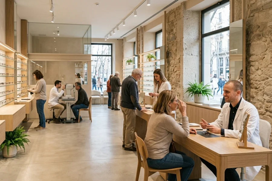 Profesionales de una óptica atendiendo a clientes en un espacio organizado y profesional