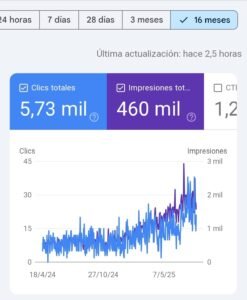 Gráfica que muestra la progresión en las métricas del sitio web Opticalia Zaben de los últimos 16 meses