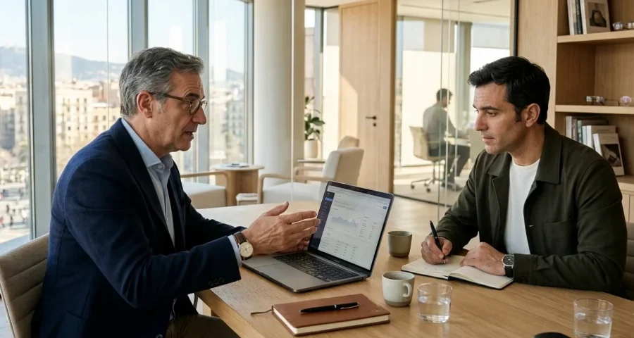 Consultor analizando una campaña de Google Ads para una óptica junto a su propietario