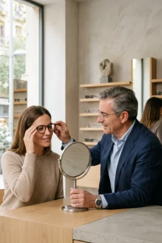 Óptico atendiendo a un paciente después de una estrategia de captación eficaz