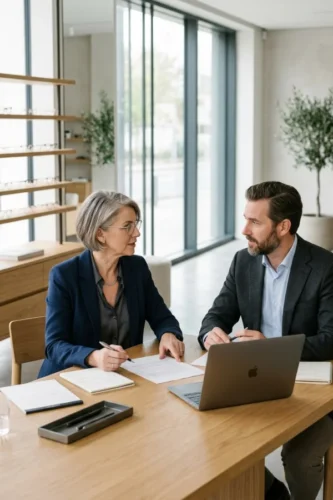 Consultor y propietaria de un negocio local analizando su estrategia de marketing digital