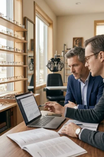 Consultor y propietario de óptica analizando una estrategia digital sostenida