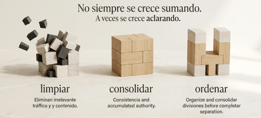 Composición editorial que representa el valor de limpiar, consolidar y ordenar antes de crecer