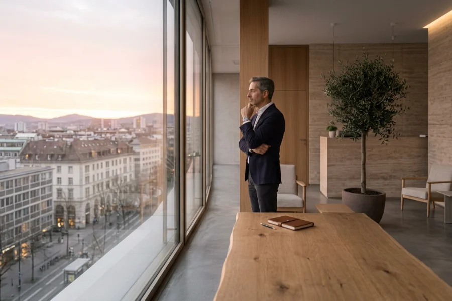 Empresario reflexionando sobre el futuro de su empresa antes de iniciar un cambio estratégico.