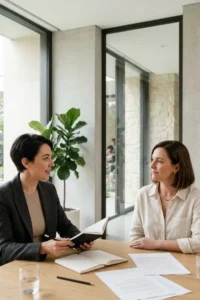 Dos profesionales analizando la estrategia digital de una clínica en un entorno elegante y minimalista.