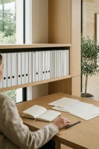 Espacio de trabajo minimalista que representa la organización estratégica de un blog empresarial.