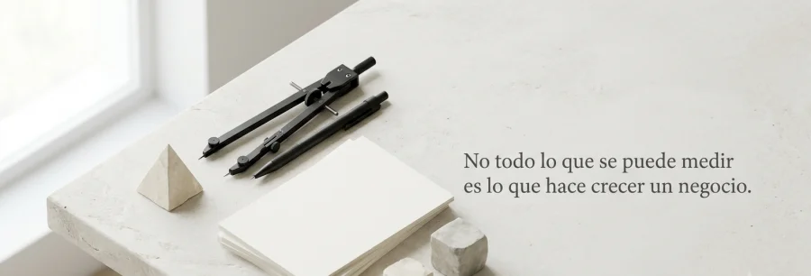 Composición editorial minimalista con instrumentos de precisión y elementos de análisis estratégico que representan la importancia de medir aquello que realmente impulsa el crecimiento de una clínica u óptica.