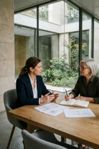 Consultora y propietaria de una clínica analizando la estrategia de contenidos en un entorno elegante y minimalista.