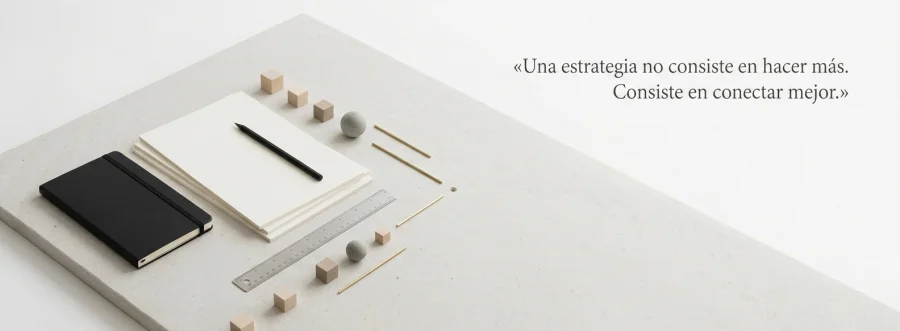 Composición editorial minimalista que representa la conexión entre las diferentes acciones de una estrategia digital.
