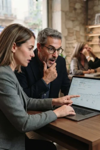 Consultor SEO analizando con el propietario de una óptica la intención del tráfico orgánico.