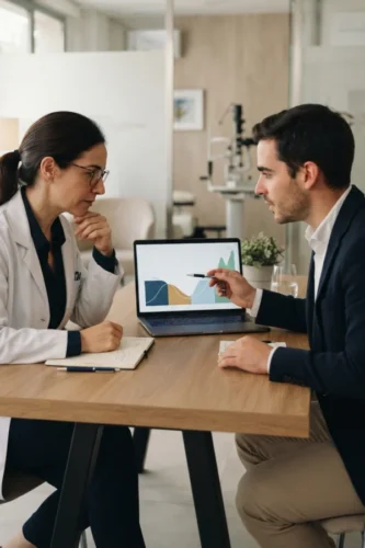 Consultor SEO analizando junto a una profesional la evolución de una clínica