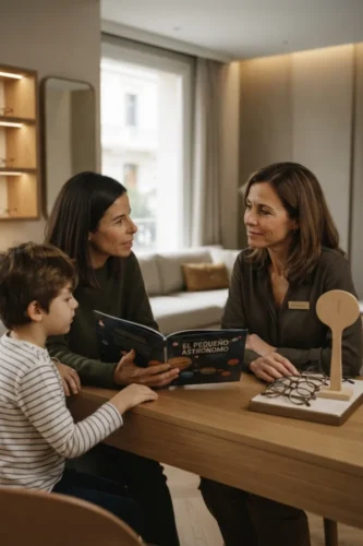 Familia consultando en una óptica después de detectar una dificultad visual en un niño.