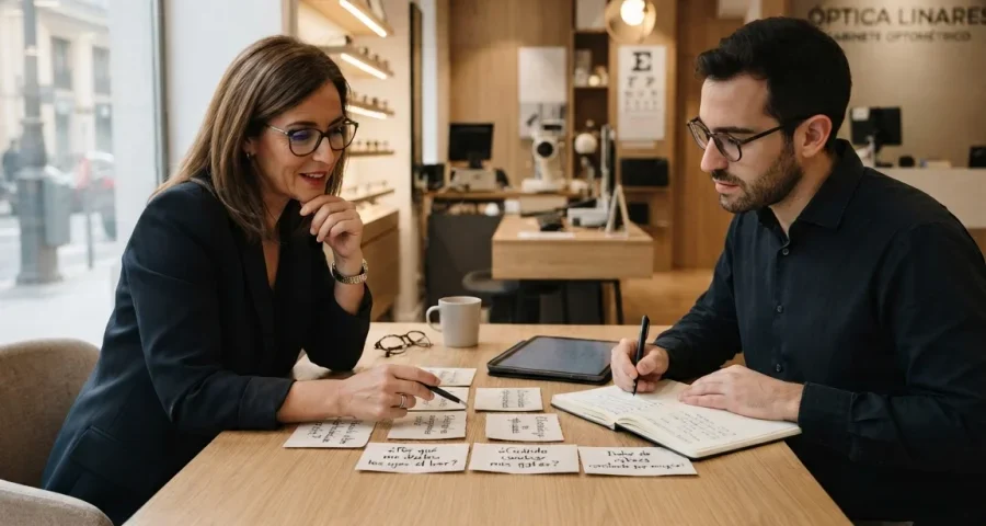Consultor y propietario de una óptica analizando los problemas que buscan sus clientes.