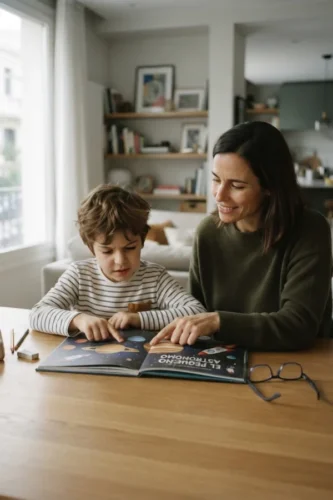 Madre observando las dificultades de su hijo al leer antes de buscar una solución visual.
