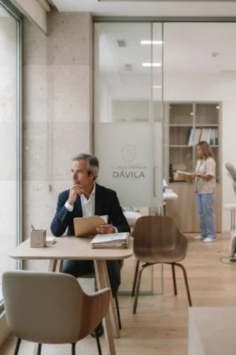 Propietario de clínica observando el funcionamiento del negocio antes de tomar una decisión.